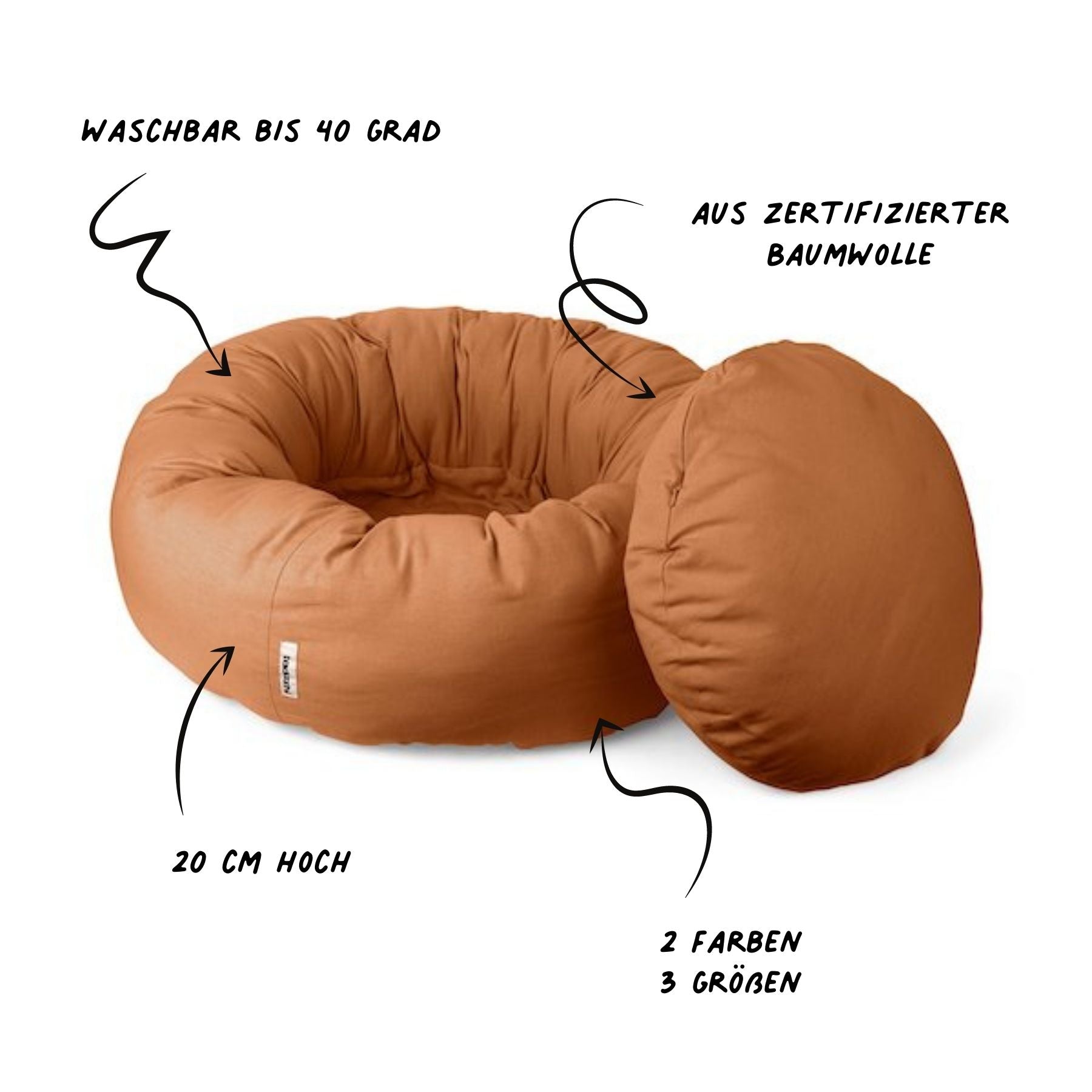 Dieses bequeme Hundebett ist in zwei Farben und drei Größen bei PAWSOME Shop erhältlich. Das Donut-Kissen ist 20cm hoch und der Bezug von beidem ist bis 40 Grad maschinenwaschbar. Dies ist die Farbe Hellbraun.