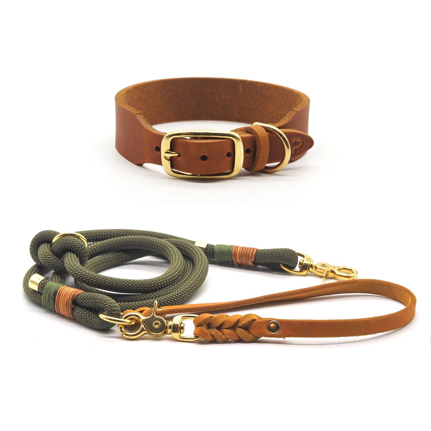 Frühlings-Aktion | Lederhalsband & Tauleine 'Olive Grove' + GRATIS Gravur + Schlüsselanhänger