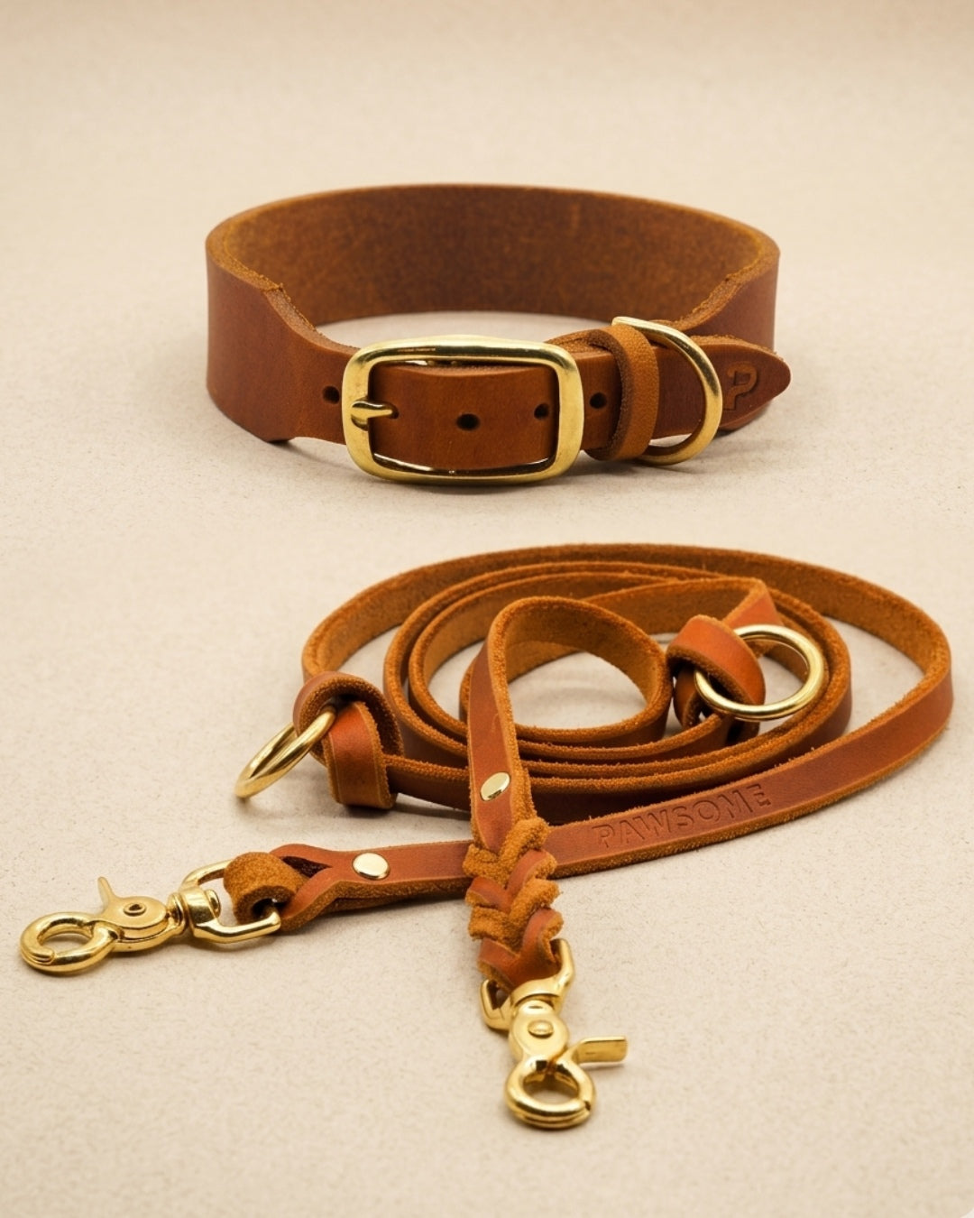 Fettleder-Halsband & Leine für Hunde in Cognac