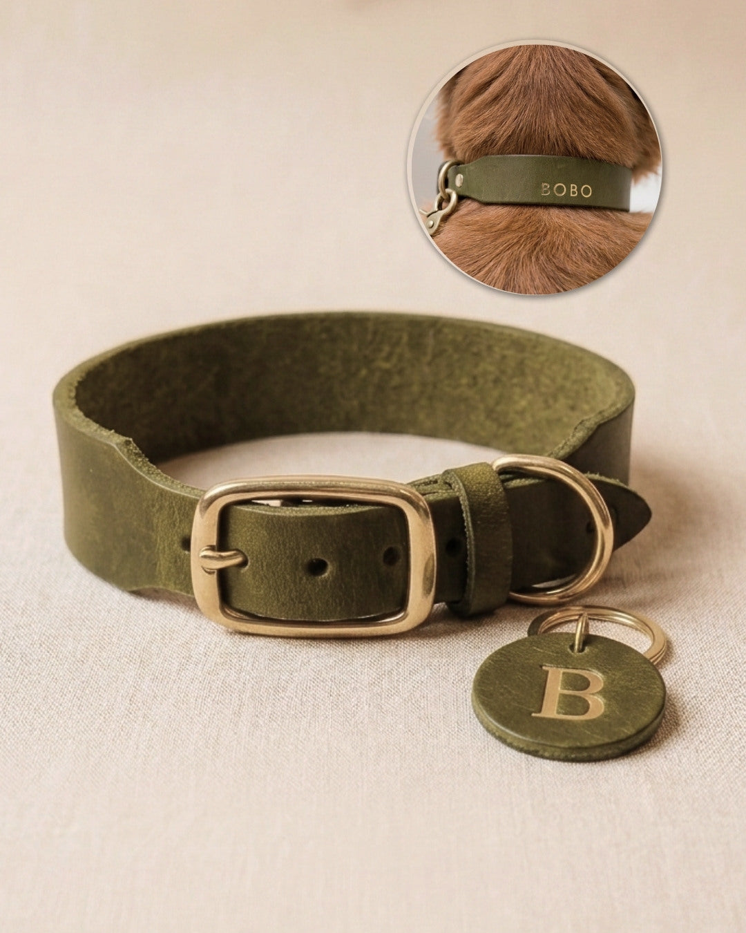 Personalisierbares Lederhalsband mit Name | Olive