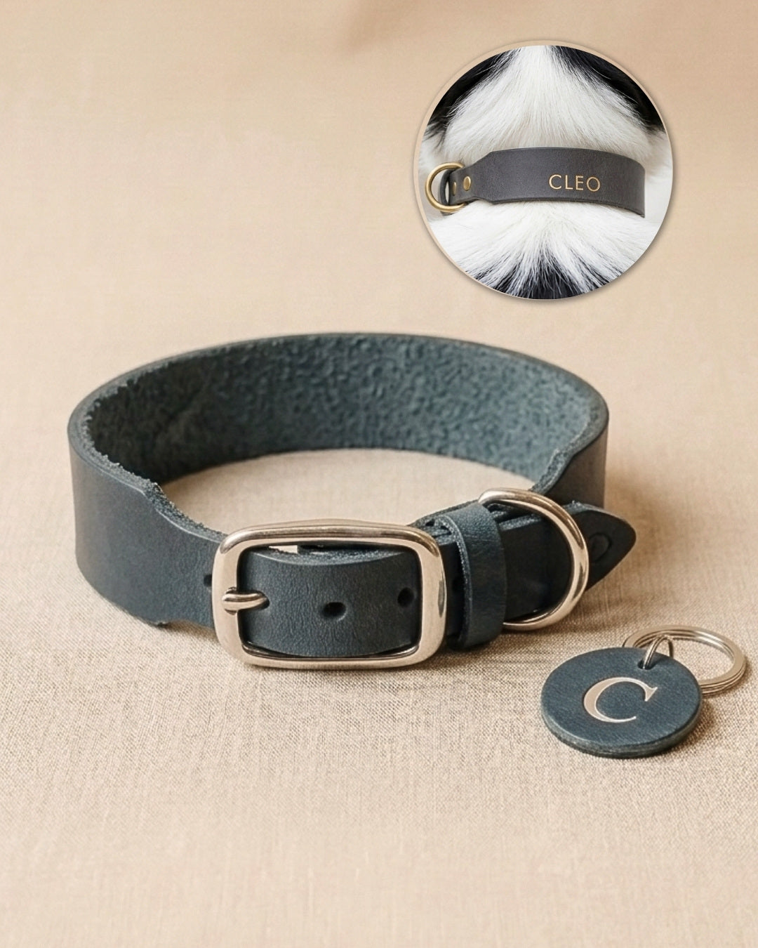 Personalisierbares Lederhalsband mit Name | Steingrau