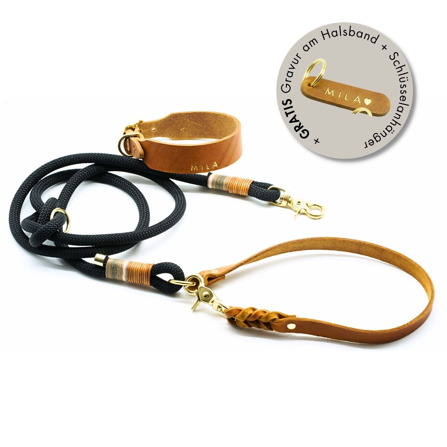 Frühlings-Aktion | Lederhalsband & Tauleine 'Berlin' + GRATIS Gravur + Schlüsselanhänger