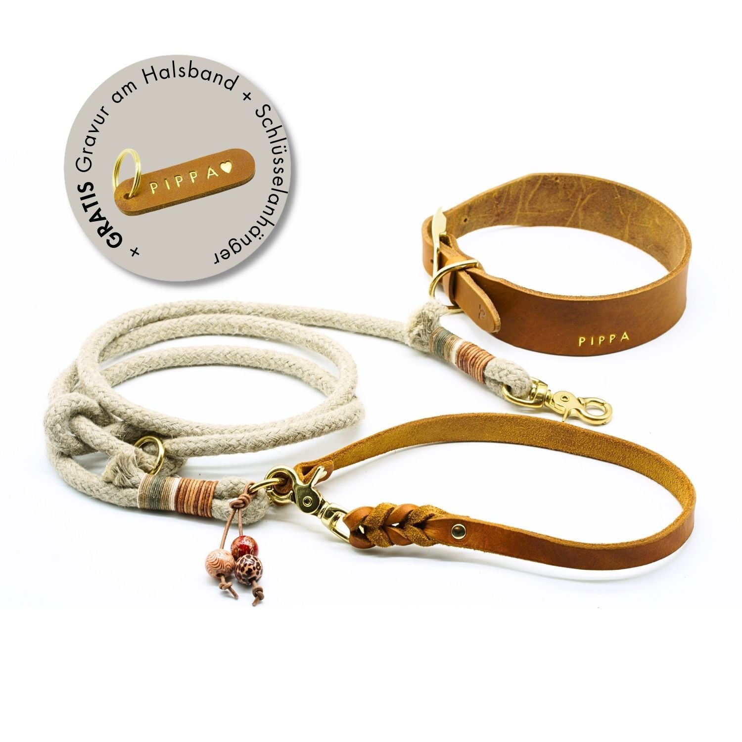 Frühlings-Aktion | Lederhalsband & Tauleine 'Earthy' + GRATIS Gravur + Schlüsselanhänger