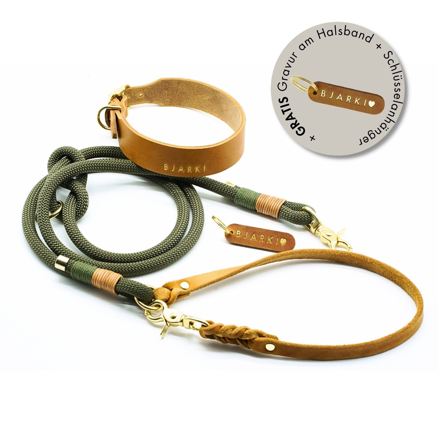 Frühlings-Aktion | Lederhalsband & Tauleine 'Olive Grove' + GRATIS Gravur + Schlüsselanhänger
