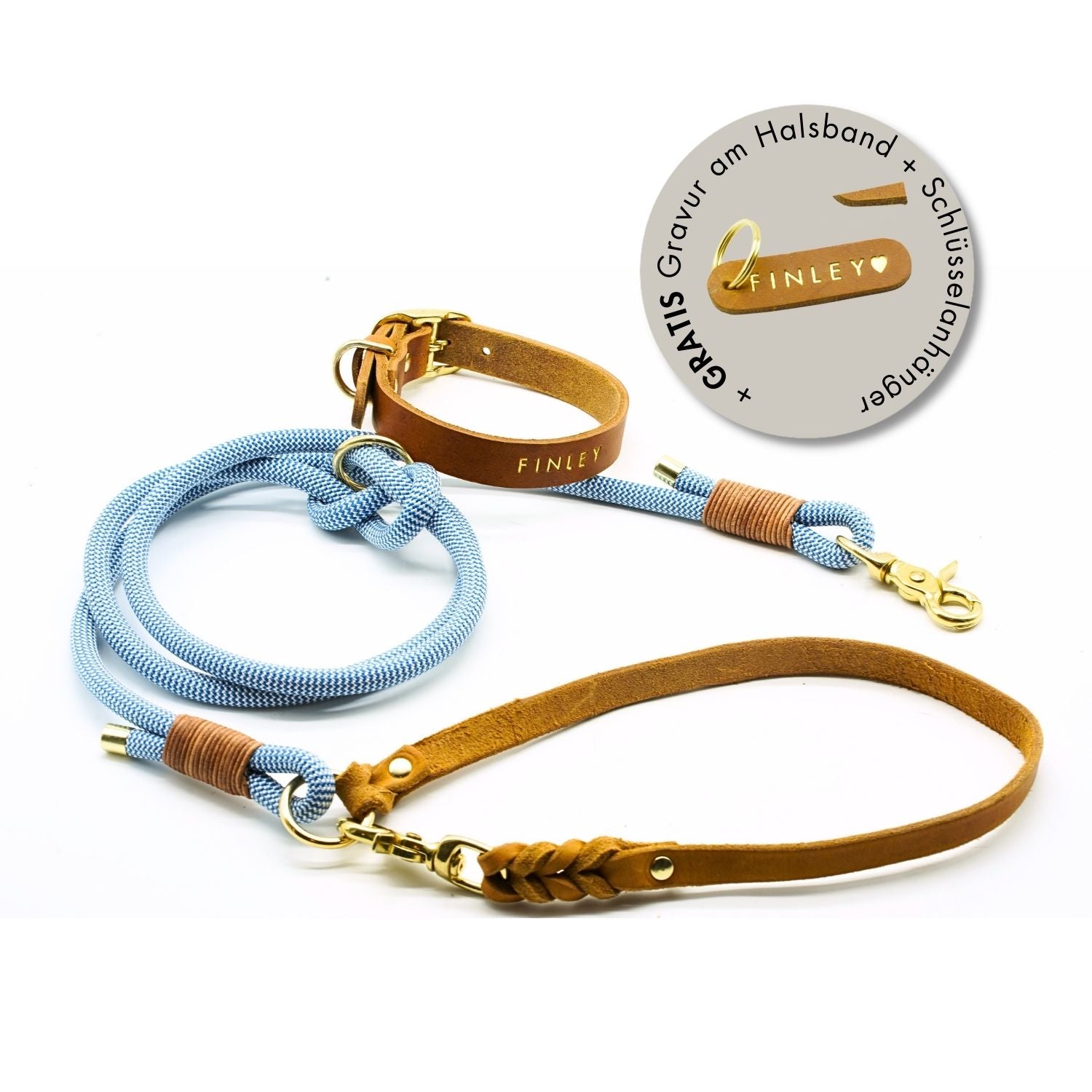 Frühlings-Aktion | Lederhalsband & Tauleine 'Pazifik' + GRATIS Gravur + Schlüsselanhänger