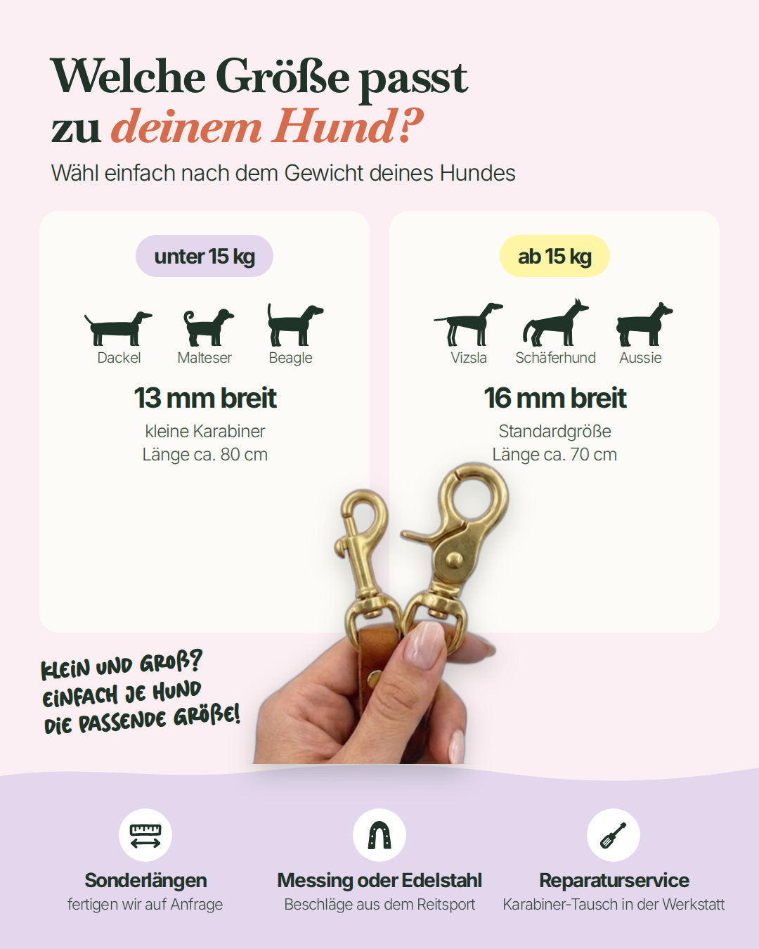 Karabinergrößen im Vergleich: schmal mit kleinen Karabinern für Hunde unter 15 kg, 16 mm ab 15 kg