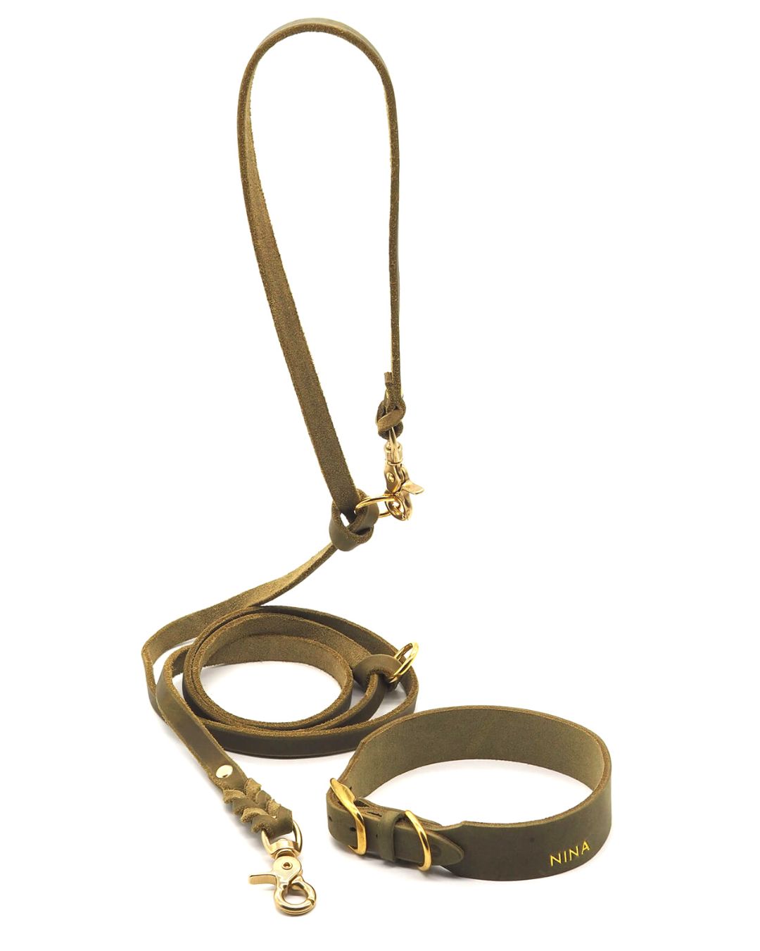 Set | Lederhalsband & Leine in Olive