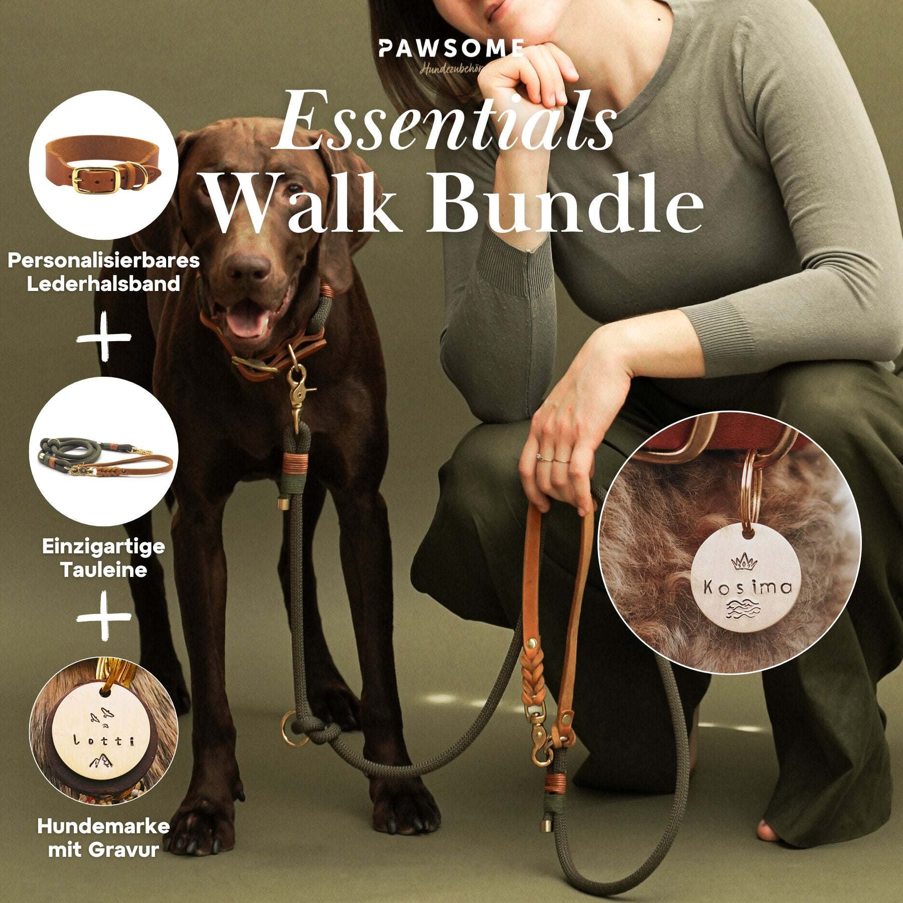 Essentials Walk Bundle | Lederhalsband + Tauleine Olive Grove + Hundemarke