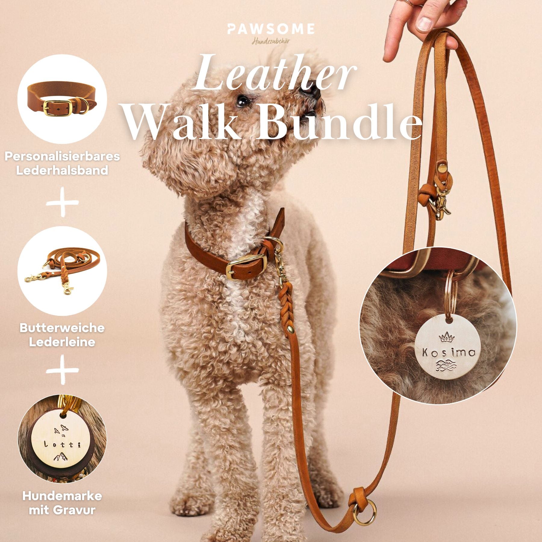 Leather Walk Bundle | Lederhalsband + Lederleine + Hundemarke