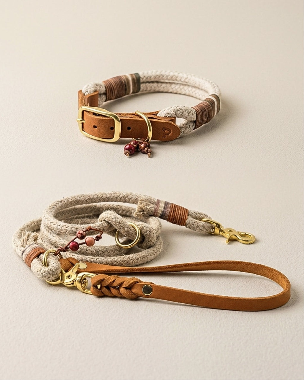 Halsband & Leine 'Earthy' fr Hunde aus Leder & Hanfseil | PAWSOME